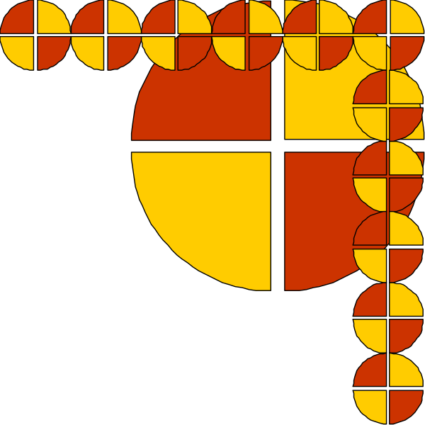 The image shows a stylized clock with red hands against an orange background featuring black numbers from 1 to 9 in each quadrant of its circle. There is also a small sunburst design at the bottom right corner, and above it appears to be some sort of abstract pattern or decoration that resembles a string of pearls or rosary with alternating red and white circles connected by lines. The overall style suggests an artistic representation rather than realistic depiction.