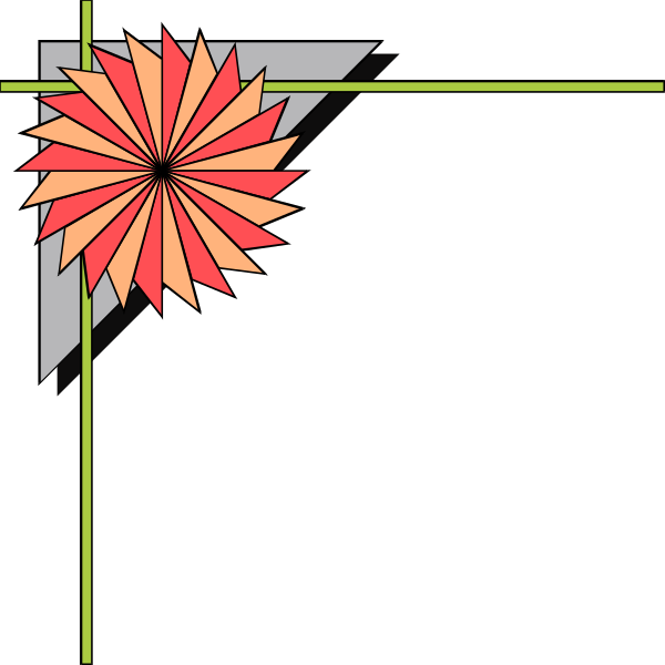 The image shows a black background with geometric shapes: two red stars on top corners of an orange hexagon that is outlined in white; there's also a small blue star at bottom right corner next to another smaller shape, which appears like a stylized flower or sunburst pattern.