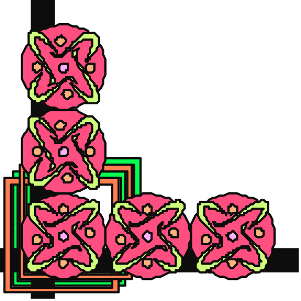 The image shows a collection of colorful abstract shapes with patterns resembling flowers on them arranged vertically against a dark background in what appears to be an electronic circuit-like structure within a larger grid pattern that could represent a game interface, possibly for Tetris or similar puzzle games where the objective is to fit pieces together.