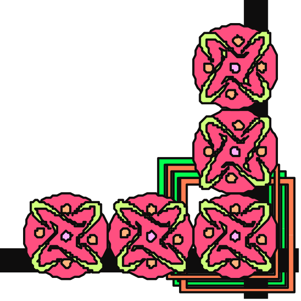 The image shows a collection of colorful abstract designs that resemble flowers with green centers surrounded by pink petals on what appears to be an electronic circuit board background in shades of black and gray.