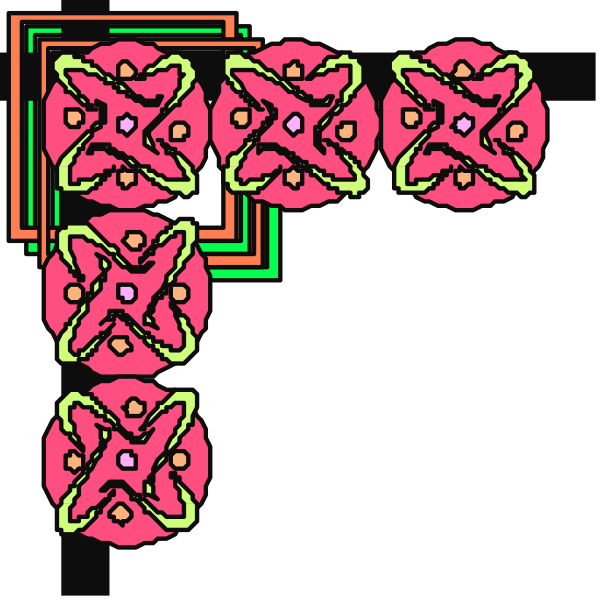 The image shows a digital illustration of an abstract pattern with symmetrical shapes resembling flowers against a dark background.