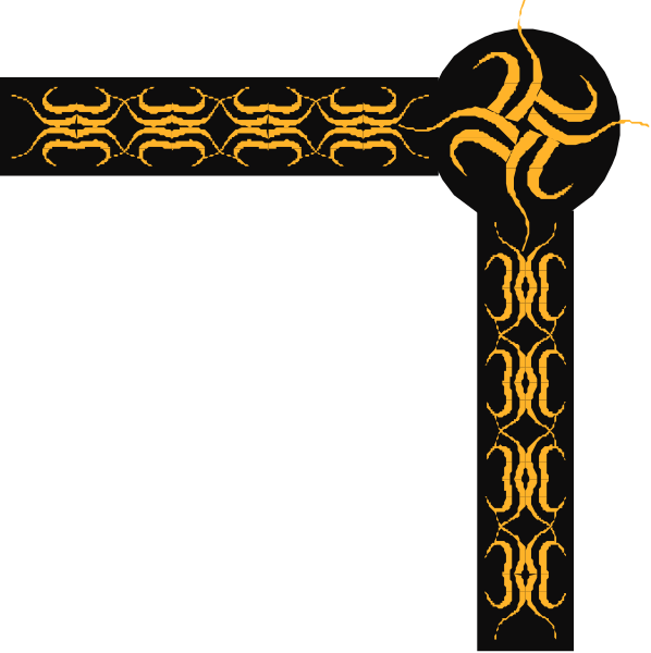 The image shows a stylized cross with intricate designs on it against a black background.