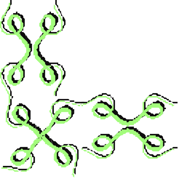 The image shows a black background with various green patterns that resemble abstract shapes such as swirls and loops forming intricate designs across it.
