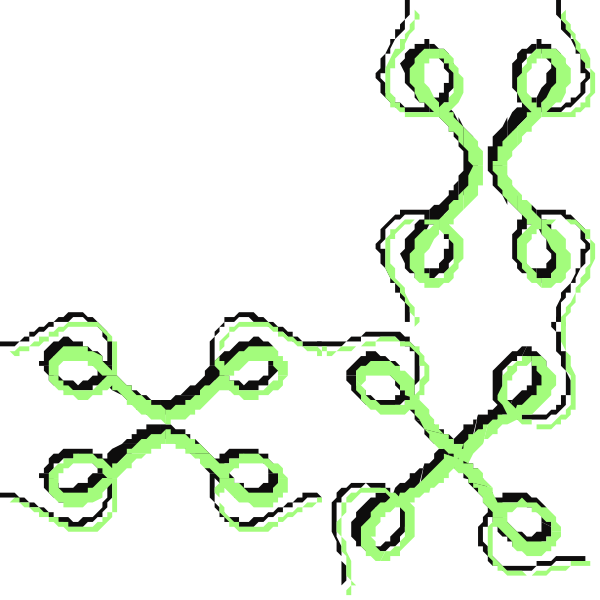 The image shows a black background with two green patterns: on top left corner is an abstract design resembling swirls of light; below it to right side appears as if there's some kind of chemical structure, possibly representing molecules in white and red colors against darker shades for contrast.