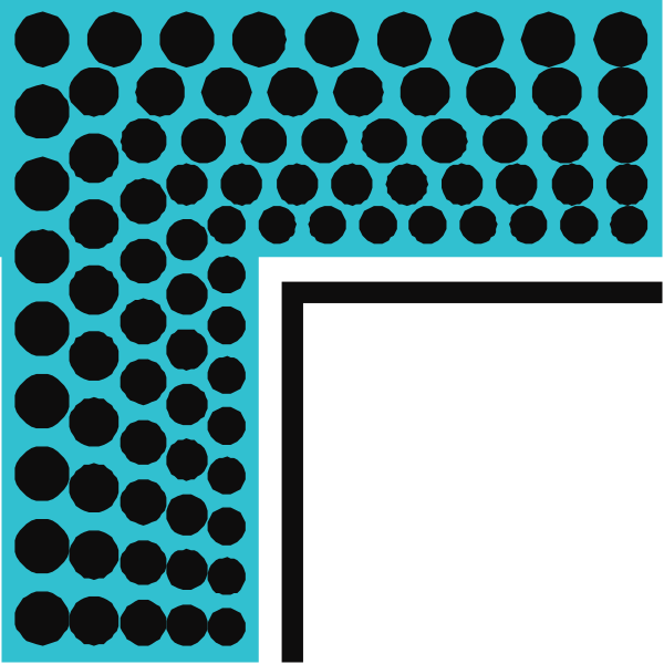 The image shows a black square with white polka dots on it against a blue background.