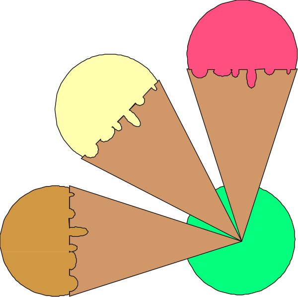 The image shows a collection of ice cream cones with different flavors: vanilla (white), chocolate (brown) in two varieties—one drizzled with caramel sauce on top and one without, strawberry (pink), mint chip (green).