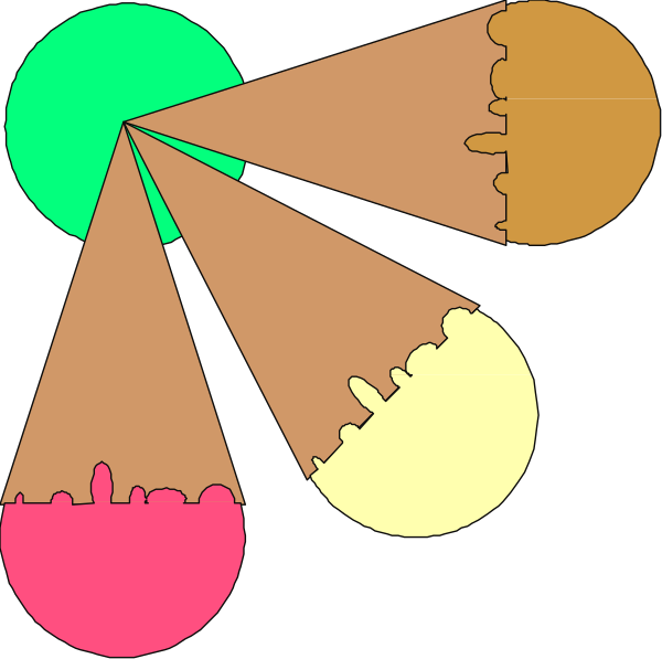 The image shows a black background with four colorful shapes that resemble eyesight tests: two circles at top left corners filled in yellow and pink respectively; one circle on bottom right corner colored green; another shape, which appears to be an irregular quadrilateral or polygon, is also green.