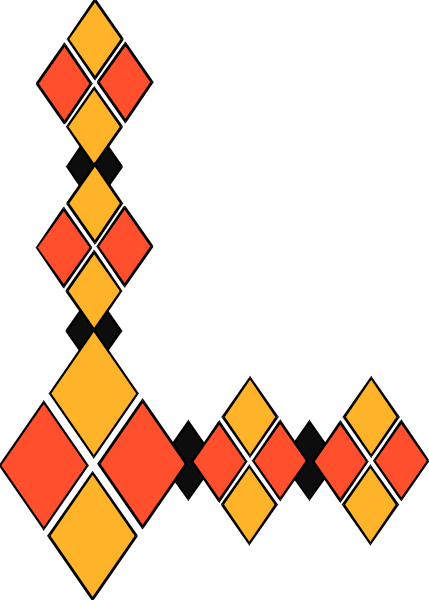 The image shows a black background with colorful geometric shapes resembling diamonds arranged vertically on either side of what appears to be an abstract design in red and orange hues at the bottom center.