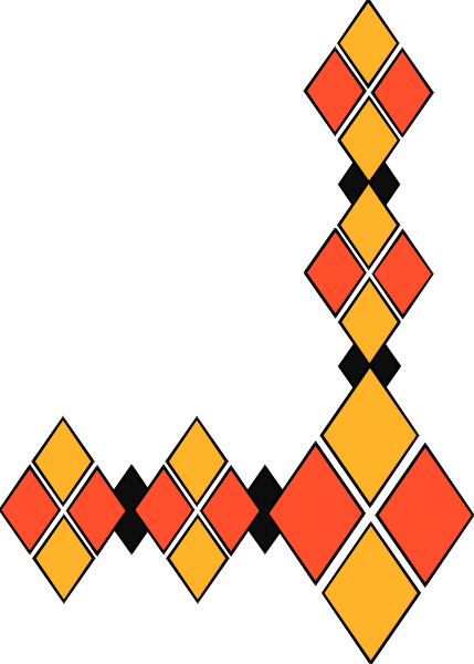 The image shows a pattern of red diamonds on an orange background with black outlines forming shapes that resemble stylized flames or abstract designs within it.