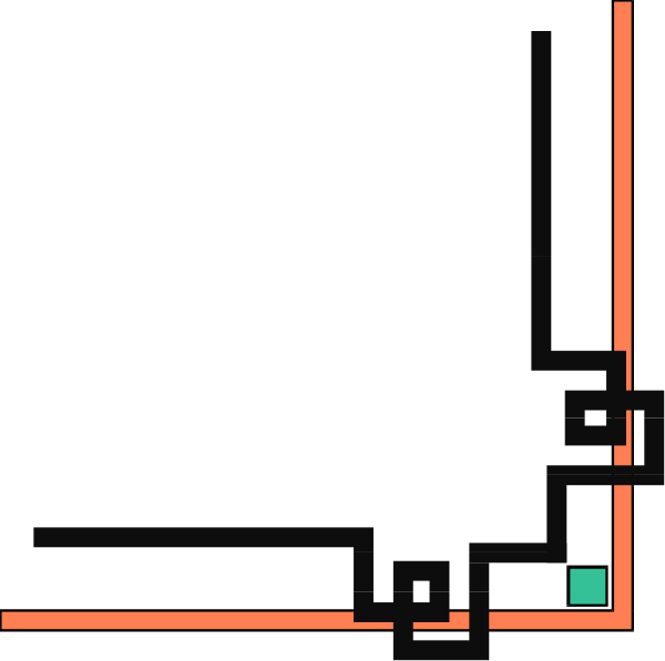 The image shows a simple black and white line drawing of an abstract maze with red lines indicating paths to follow through it.