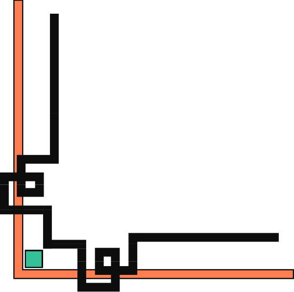 The image shows a simple black and white maze with red lines indicating paths to follow through it.
