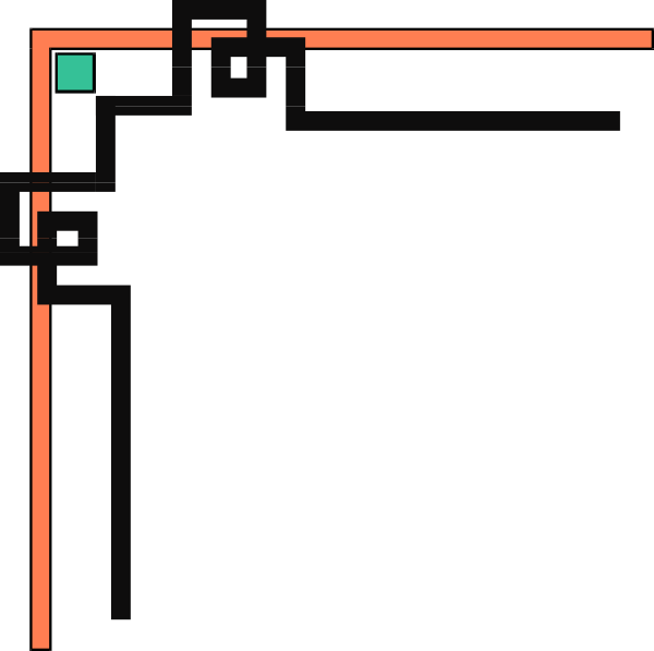 The image shows a black maze with red walls on each side of an open door at its center.
