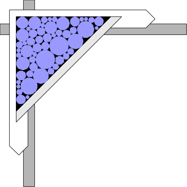 The image shows a black background with white polka dots on top of which there is an abstract geometric shape resembling a triangle pointing downwards towards what appears to be a smaller rectangle at its base.