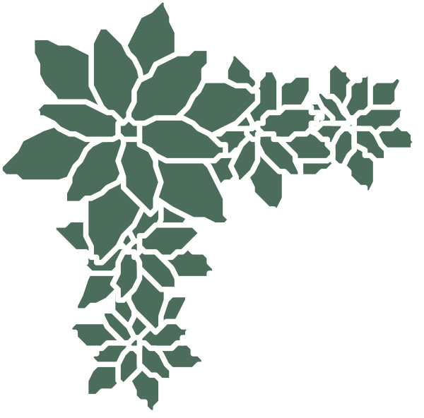 The image shows a black and white illustration of an abstract design resembling leaves with intricate patterns on them against a dark background.