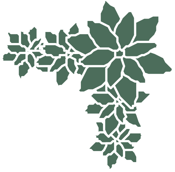 The image shows a black and white illustration of an emblem with various shapes resembling leaves on either side connected by lines that form what appears to be stylized maple leaf patterns in between them, all set against a dark background.