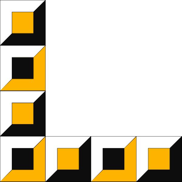 The image shows a black square with an orange border containing white geometric shapes that resemble puzzle pieces forming a pattern within it.