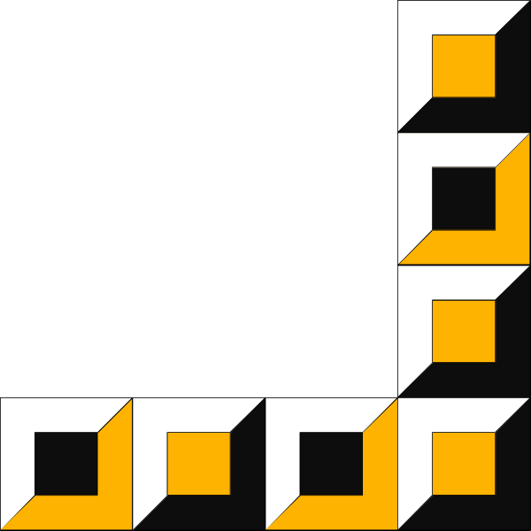 The image shows a black background with white geometric shapes forming an abstract design that resembles letters of the alphabet.