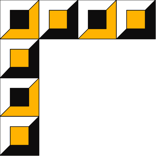 The image shows a black square with an orange border containing various geometric shapes such as squares within rectangles forming patterns on each side of the central rectangle.