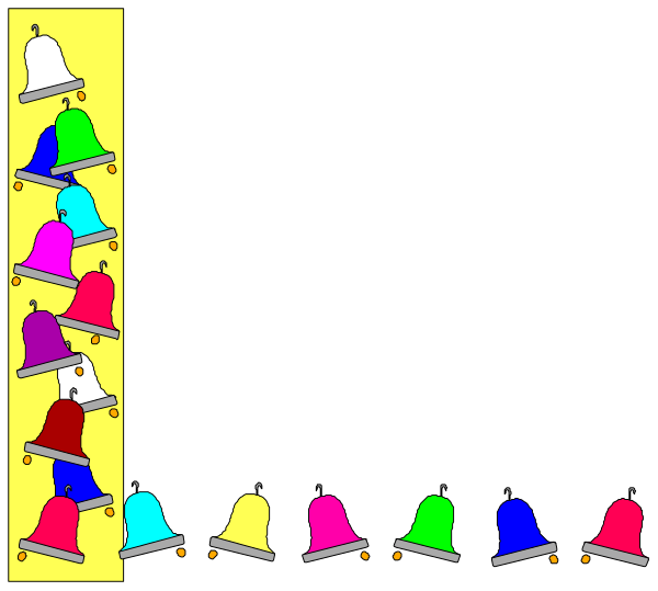 The image shows a collection of colorful bells hanging on hooks against a black background with yellow text at bottom right corner that reads "BELLS".