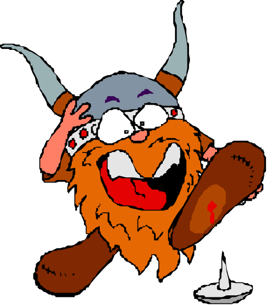 The cartoon depicts a character with an exaggerated facial expression wearing Viking attire holding what appears to be a hammer in one hand while pointing at something off-frame with his other hand.