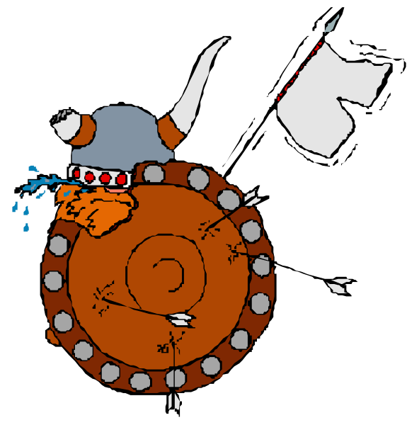 The image shows a cartoon of an animated character with horns resembling those of a Viking helmet on its head, wearing armor that includes shoulder guards and what appears to be chainmail chest protection. This figure is holding two arrows in one hand while aiming them at another object or target not visible within the frame. The background consists of dark space without any distinguishable features.