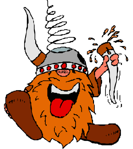 The cartoon depicts a character with an exaggerated beard wearing Viking attire holding two knives crossed over his chest while standing in front of what appears to be a black background.