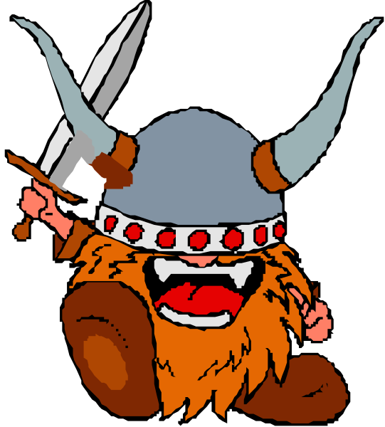 The image features a cartoon character with long hair resembling an animal's fur, wearing Viking attire including horned helmet and holding what appears to be a sword in one hand while pointing at something off-screen with another.