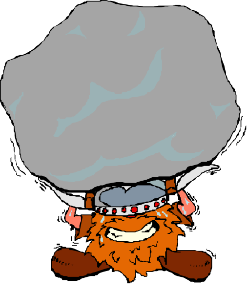 The image shows a cartoon of an orange creature with horns on its head holding up a large gray rock above it while standing in front of blue clouds against a black background.