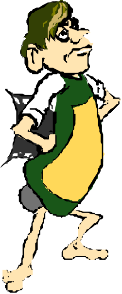 The image shows a cartoon of an adult male character with glasses standing upright on two legs; he is wearing shorts and has one arm raised in front of him as if pointing at something off-camera while looking to his right, set against a plain background that appears dark gray or black.