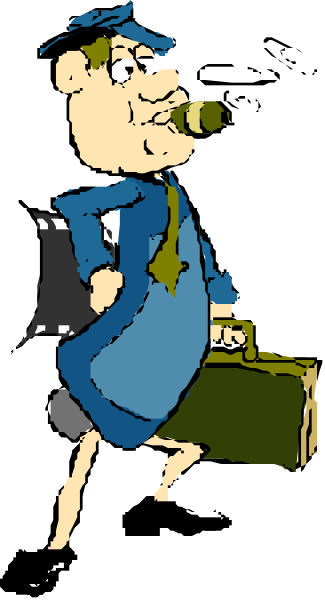 The cartoon shows a man dressed as an old detective with a magnifying glass around his neck standing next to a suitcase on wheels in what appears to be a dimly lit room at nighttime.