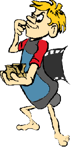 The cartoon shows a man with blonde hair holding an object that resembles food; he is standing against a dark background.