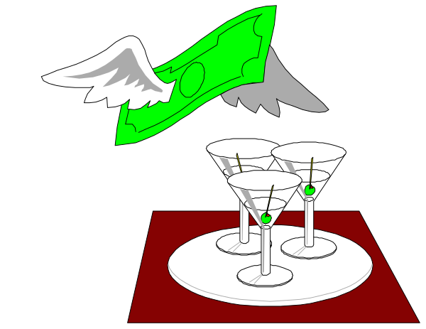 The cartoon shows a scene where an angel with wings made of money flies over three martini glasses on a table; it is set in what appears to be a bar environment at nighttime.