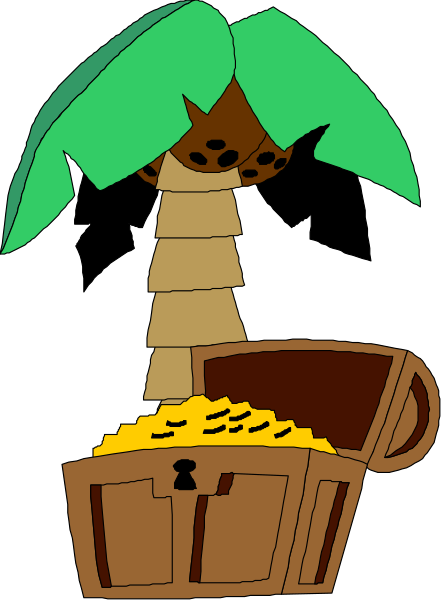 The illustration shows a cartoon depiction of an old treasure chest filled with gold coins next to two stacks: on one side is a palm tree-shaped plant pot containing soil; above it sits another stack, which appears to be made from wooden planks and has three holes in the top.