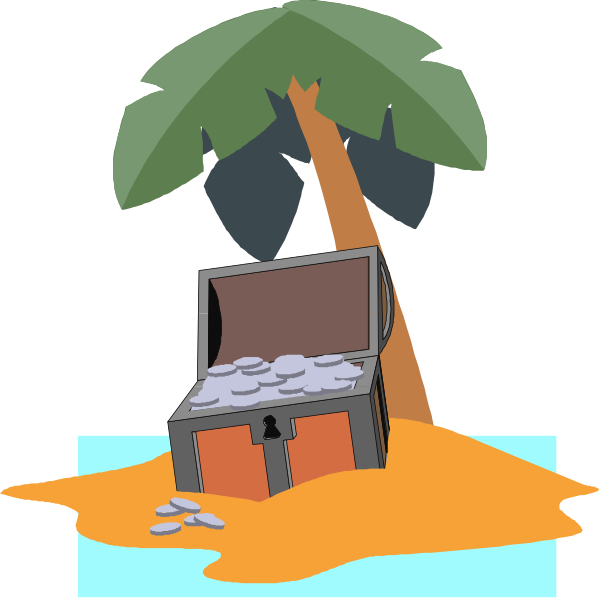 The illustration depicts a treasure chest with an open lid partially submerged by water atop what appears to be muddy ground next to a tree trunk; there is also some spilled liquid around it, suggesting that something has been knocked over and caused this scene.
