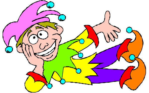 The image shows a cartoon clown with exaggerated features sitting on top of colorful shoes while holding out his hand as if offering something to someone off-camera.