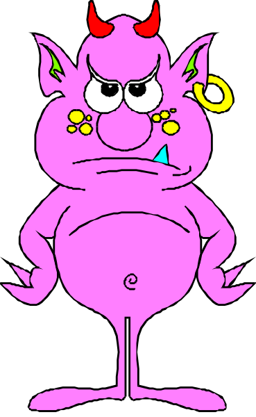 The image shows a cartoon of an anthropomorphic pink devil character with horns, ears, eyes, mouth, hands, legs, feet, tail, wings, and hooves; it has red hair on its head and is wearing gold earrings in each ear.