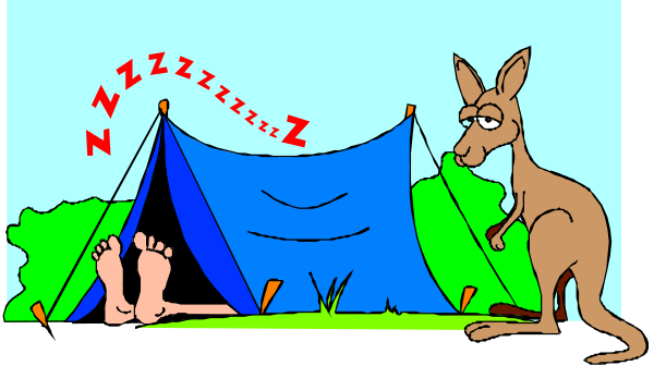 The cartoon depicts a kangaroo standing next to an erected tent with its head sticking out of it while another animal is sleeping inside; there's also a person lying in bed under blankets, and above them hangs a sign that reads "Nighttime."