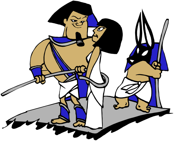 The black and white illustration shows two characters standing on a platform with weapons; to their left is an anthropomorphic character holding what appears to be a staff, while another stands behind them wielding a spear-like weapon.