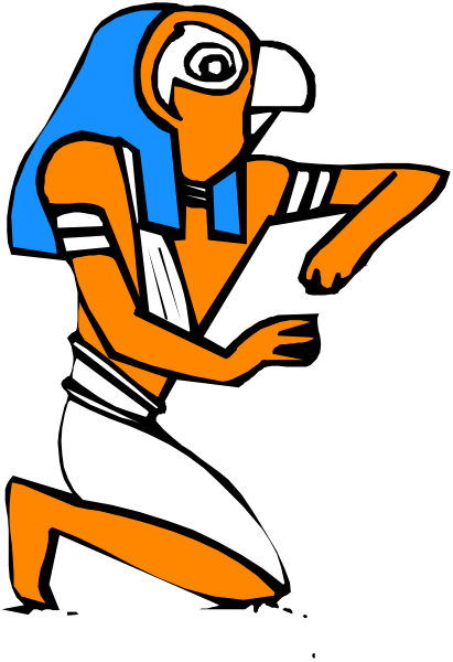 The image shows a cartoon of an ancient Egyptian figure with blue skin holding what appears to be a scroll or book open in front of them while standing on one leg against a black background.