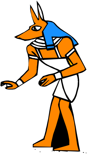 The image shows a stylized depiction of an ancient Egyptian figure resembling Anubis with human-like features standing in front of what appears to be hieroglyphics on a wall; it is rendered as clipart and has no background detail, focusing solely on this central character.