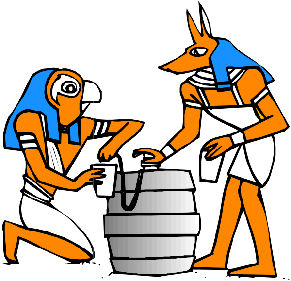 The image shows three Egyptian figures with human bodies but animal heads: a jackal (also known as an African wild dog), which is kneeling down next to what appears to be a large pot; another figure, also resembling a jackal and standing upright in front of it; and the third one, again looking like a jackal, who seems to have just finished pouring from this same large container. The figures are depicted with traditional Egyptian attire: headdresses that look similar to those worn by pharaohs or gods during ancient times.