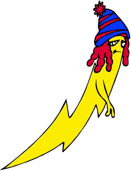 The image shows a cartoon of an animated character with red hair wearing blue pants, standing on top of what appears to be lightning bolt-shaped object in midair against a black background.