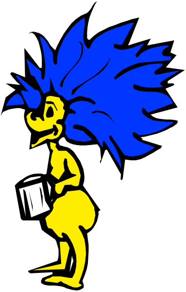 The image shows a cartoon character with blue hair holding an instrument that resembles a guitar; it is set against a black background with white stripes on either side of the figure.