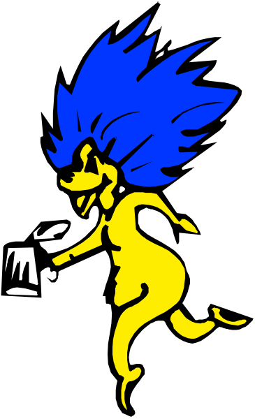 The image shows a black and white cartoon of an animated character with blue hair running through what appears to be a cityscape at nighttime.