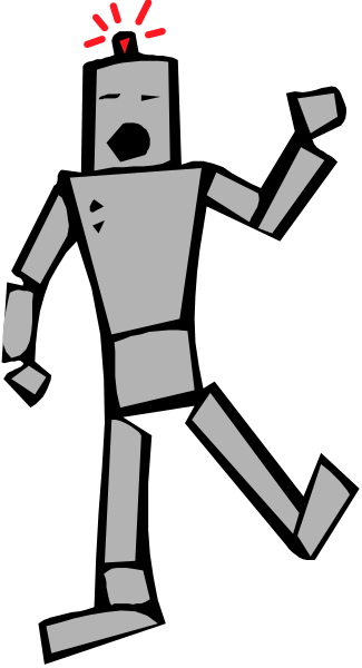 The image shows a black and white silhouette of an animated robot walking with its arms outstretched against a dark background.