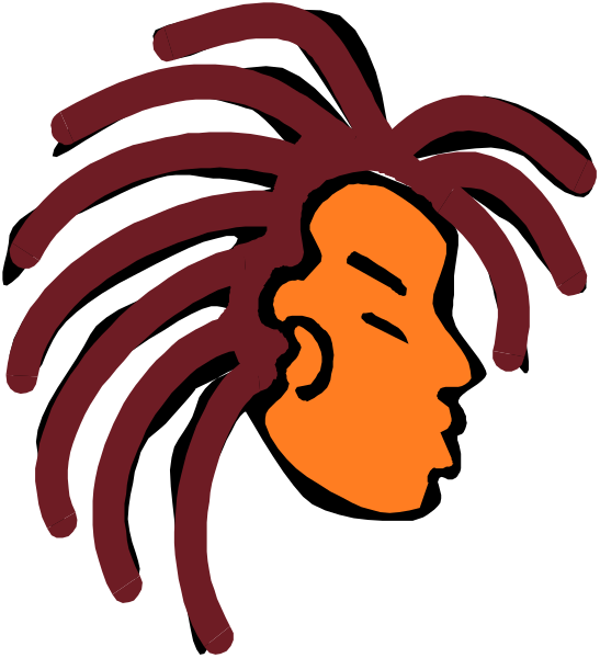 The image shows a stylized cartoon of an African man with dreadlocks wearing red headphones around his neck; he is depicted in profile facing left against a white background.