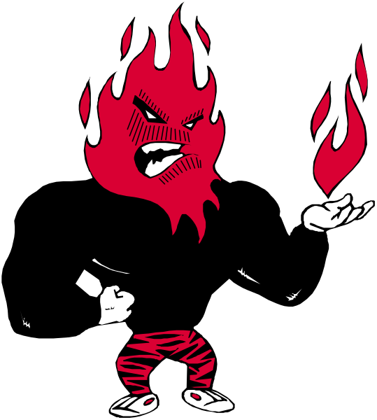 The image shows a black and white illustration of an animated character with flames for hair that is yelling out its mouth in red coloring against a dark background.
