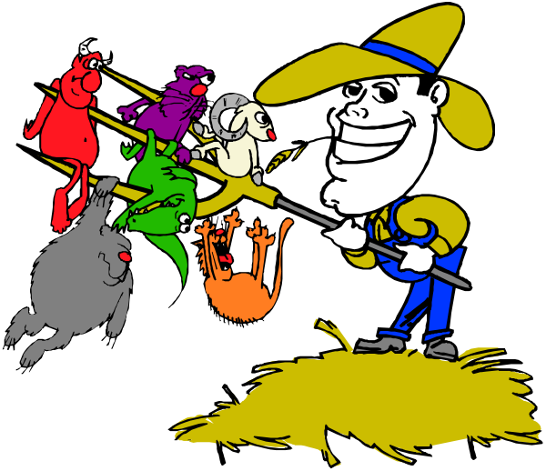The cartoon depicts a farmer with his dog herding sheep into an enclosed area while other farm creatures look on from behind him in front of a barn.