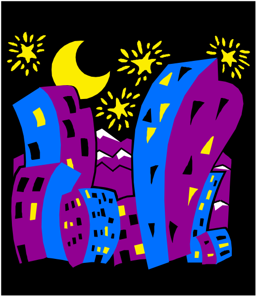 The illustration depicts a nighttime cityscape with buildings outlined against an illuminated skyline featuring stars above them; there is also a crescent moon visible in the upper left corner of the image, and fireworks can be seen exploding over one building on the right side.