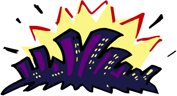 The image shows a stylized graphic of an explosion with cityscape elements at its center against a dark background.